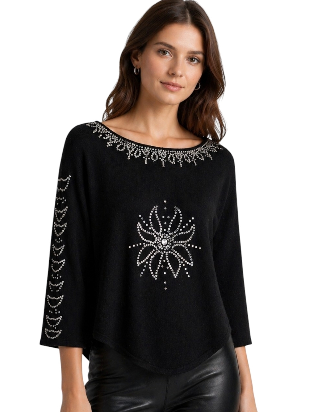 Central Park West Cashmere Sequin Sweater Womens Medium Asymmetric Hem Black